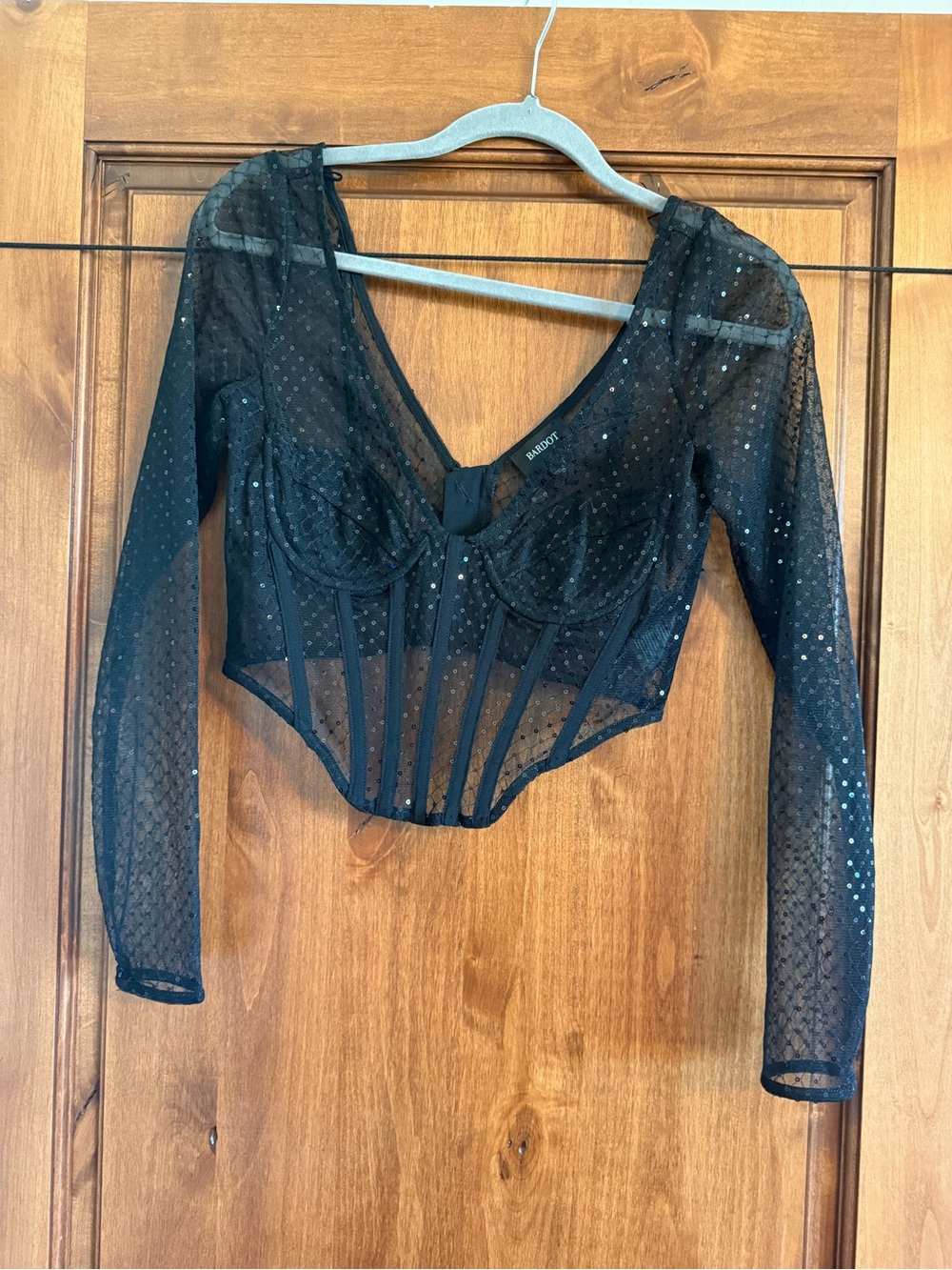 Black Sheer Corset-Style Long Sleeve Top